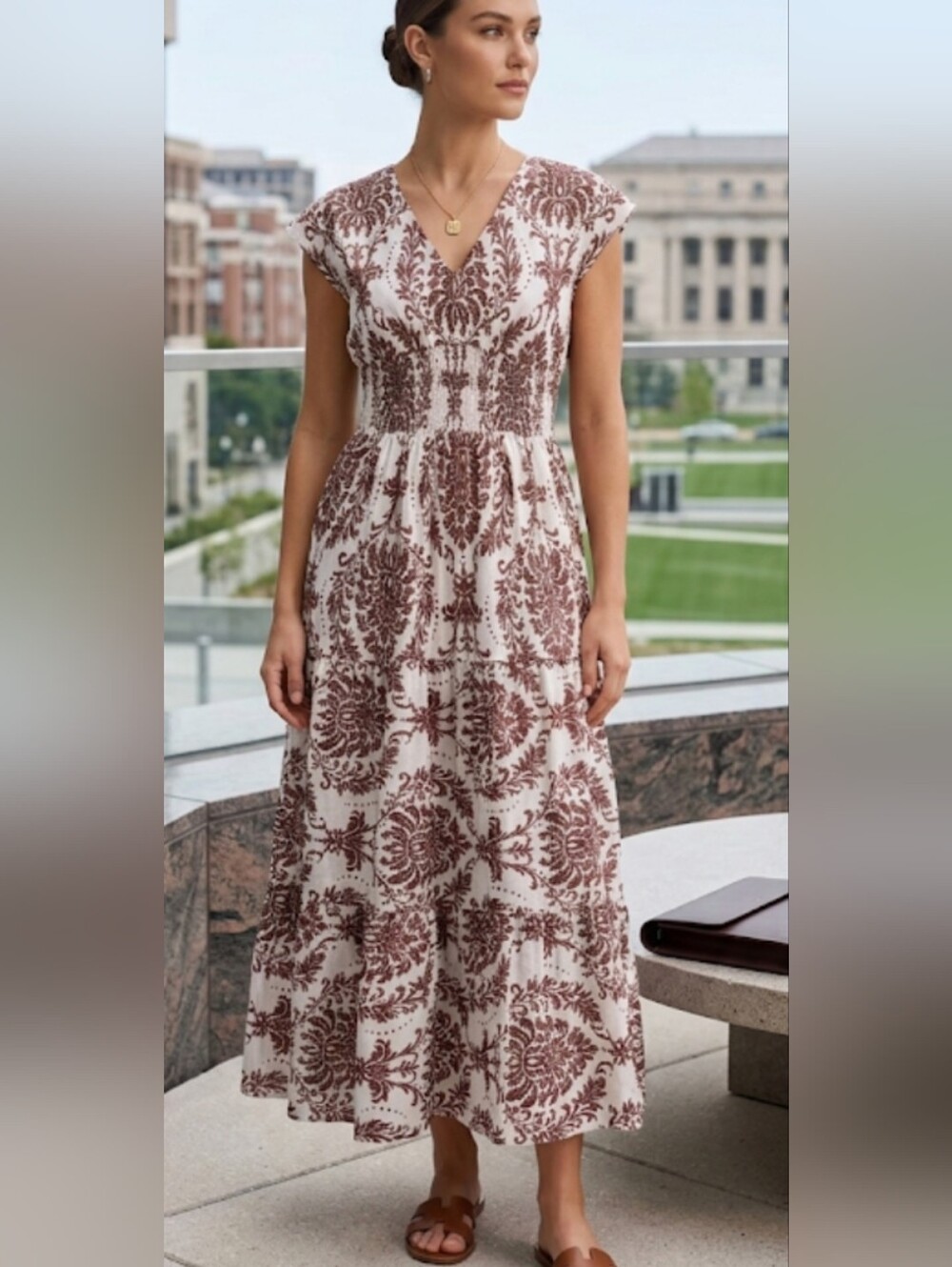 Women's White & Brown Printed V-Neck Maxi Dress#91